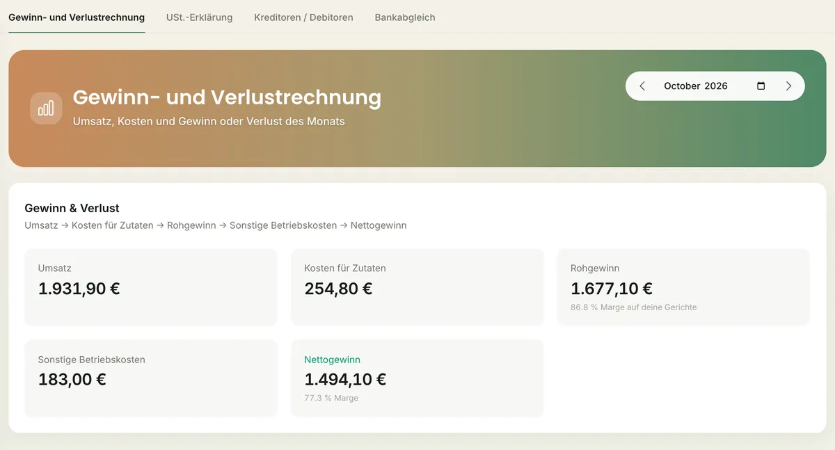 Mealbooks-Bildschirm: Buchhaltung und Umsatzsteuererklärung