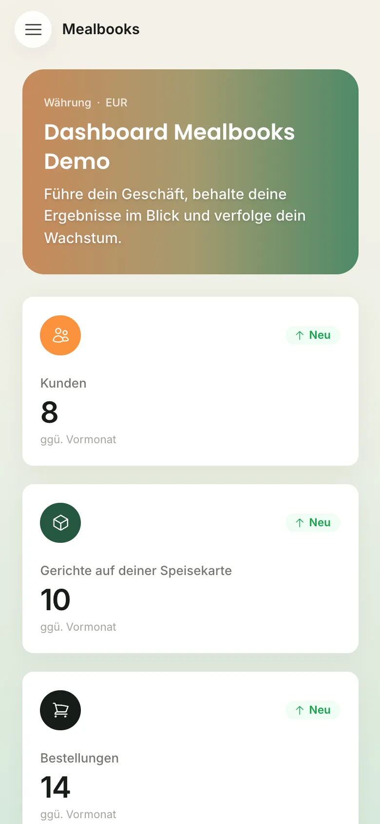 Mealbooks-Bildschirm: Immer zur Hand