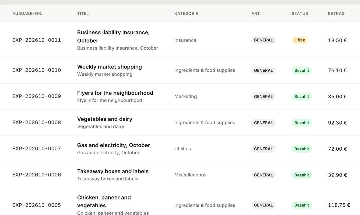Mealbooks-Bildschirm: Ausgaben