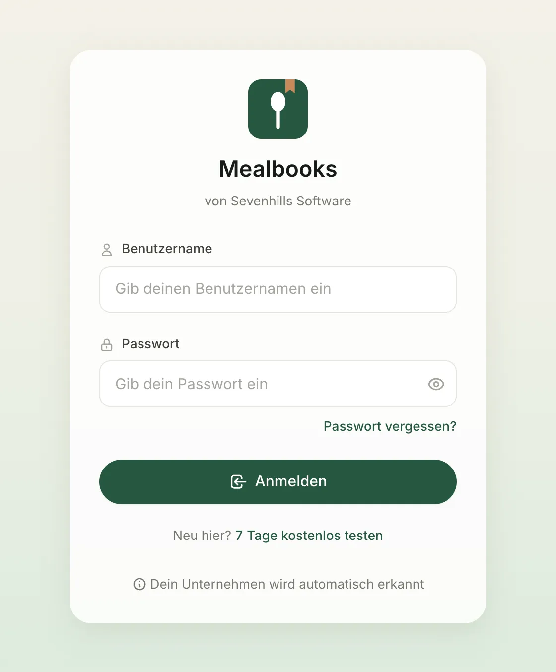 Mealbooks-Bildschirm: Sicher und deins