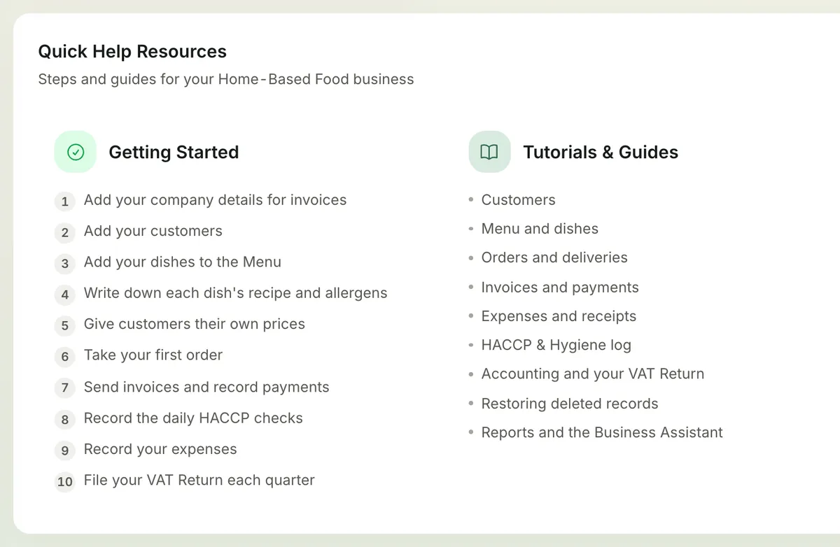 Mealbooks screen: Help