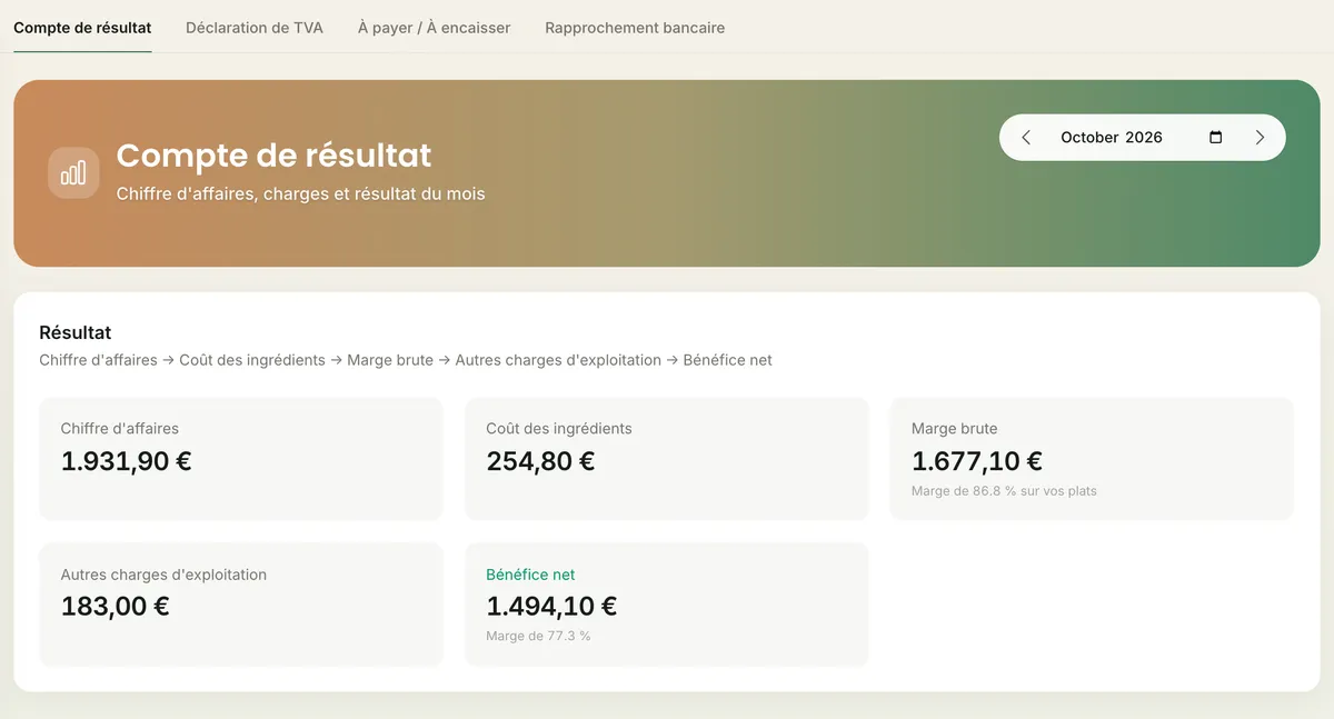 Écran de Mealbooks: Comptabilité et déclaration de TVA