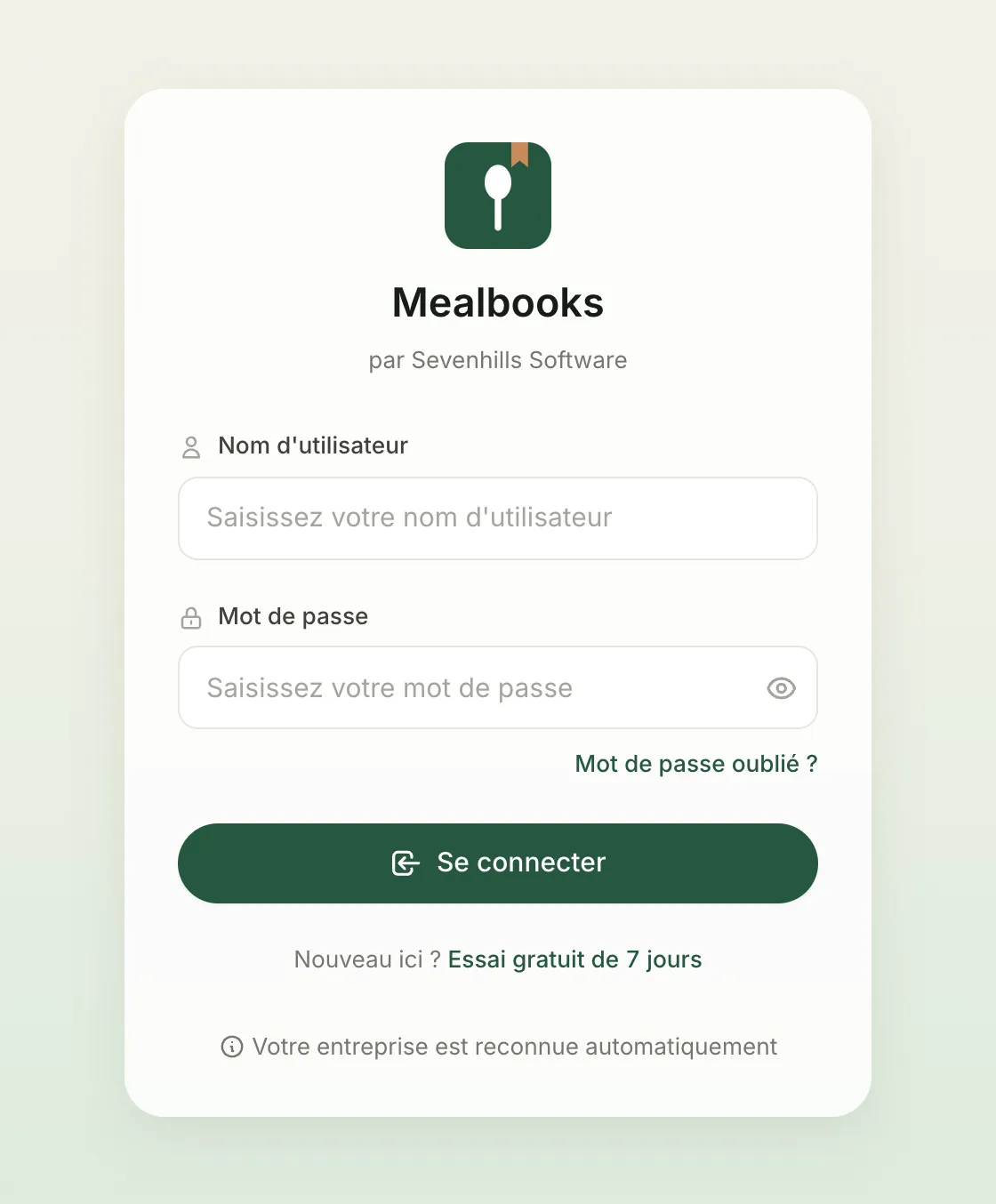 Écran de Mealbooks: Sûr et à vous