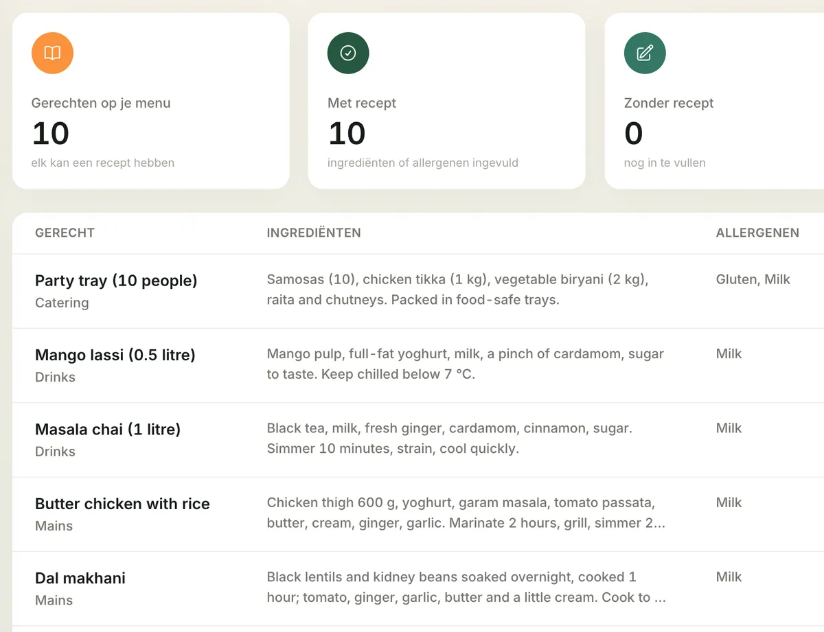 Mealbooks-scherm: Menu en recepten